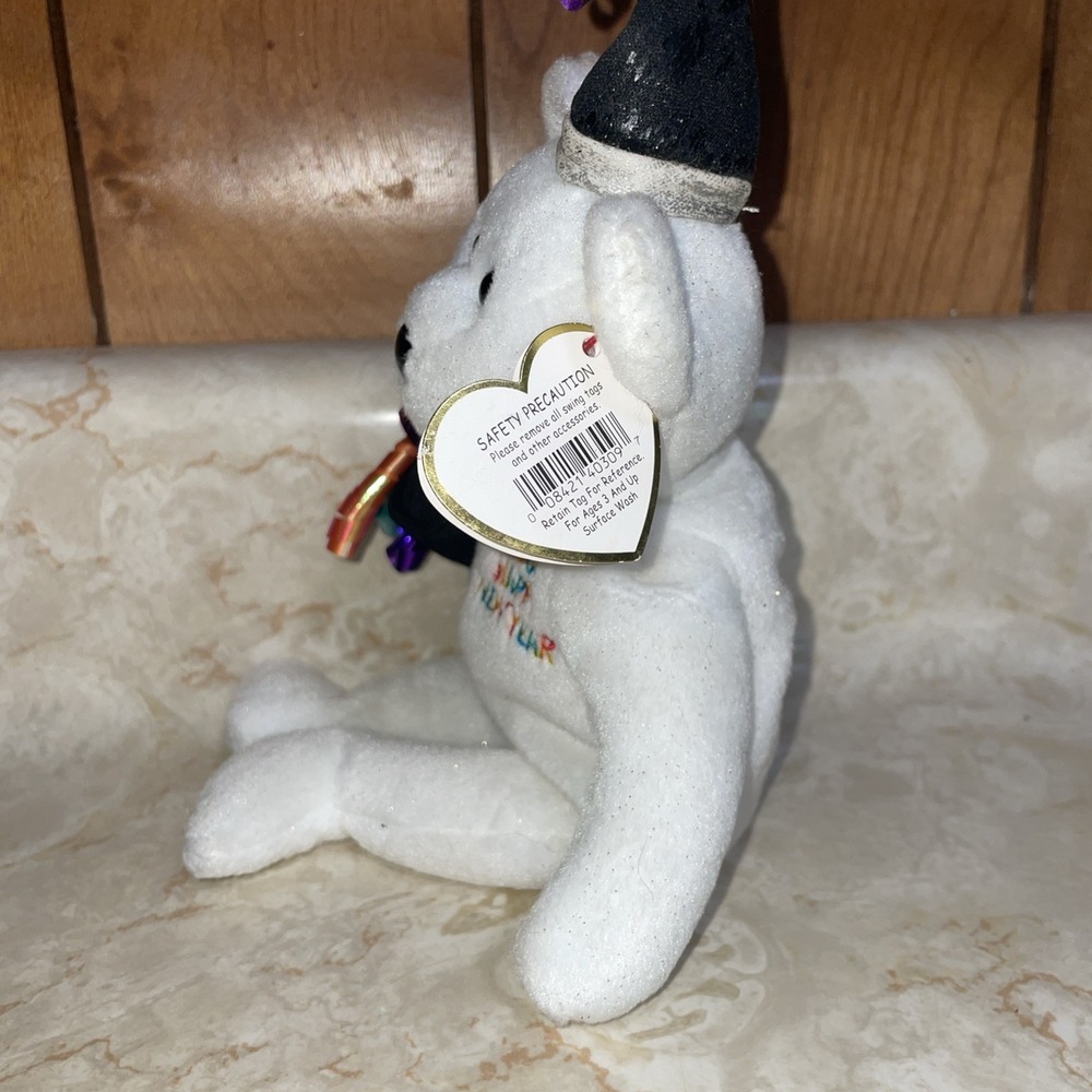 TY Beanie Baby Happy‎ NEW YEAR Bear 2006 White Bear With Party Favors Ribbons - Picture 6 of 8